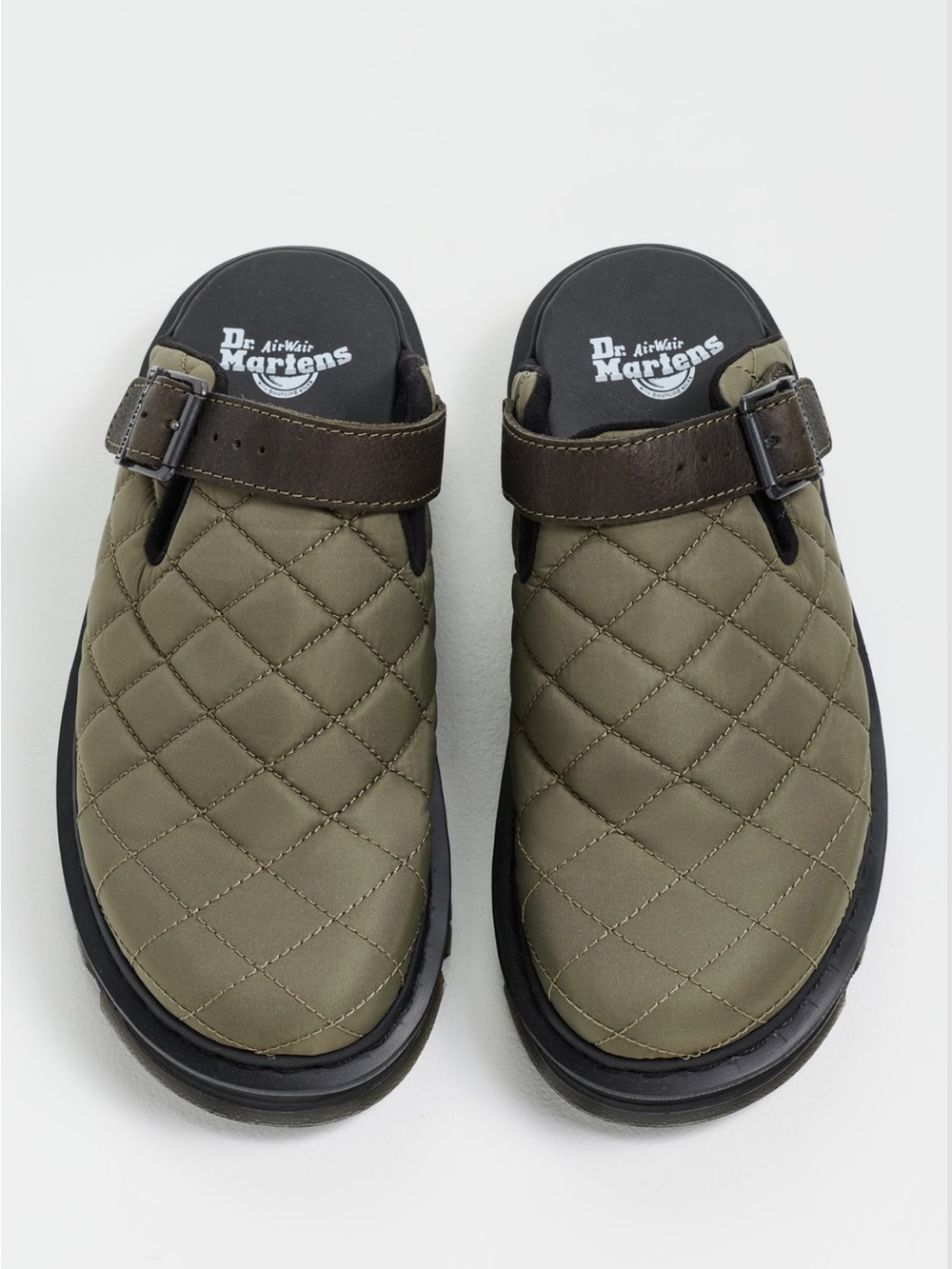Dr. Martens Olive Green Quilted Slip-On Clogs with Brown Strap